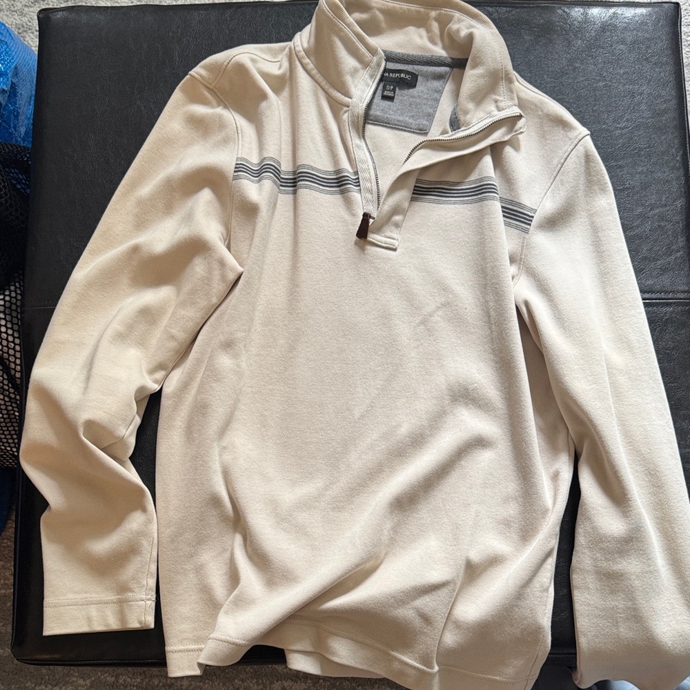 Men's Cream Quarter Zip Sweater with Stripes